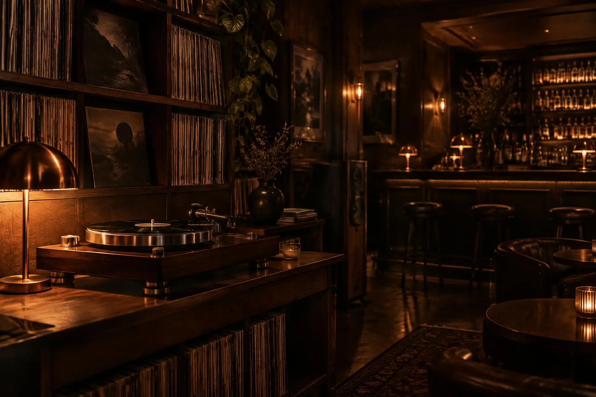 Dunkle Bar mit Plattenregalen, Plattenspieler und warmem Lampenlicht.